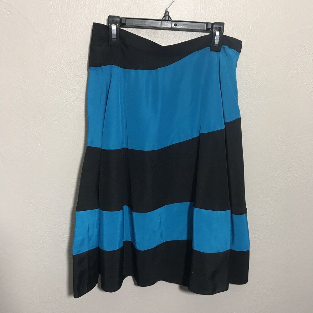 Derek Lam Black Teal Blue Wide Stripe Silk A-Line Flare Skirt Sz 2